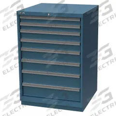 LISTA Modular Drawer Cabinet: 28 1/4 in x 28 1/2 in x 41 3/4 in, 8 Drawers, 148 Compartments, Steel (MPN XSSC0900-0807CB). Key specifications — Drawer Inside Height: (2) 3 in; Drawer Access: Single; Base Type: Frame; Number of Compartments per Drawer: (2) 16; Brand: LISTA; Cabinet Color: Classic Blue.