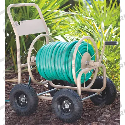 LIBERTY Garden Hose Reel: 300 ft (5/8 in I.D.), 4 1/2 in Reel Dia, Tan, 4 Wheels - Metal Garden Hose Carts