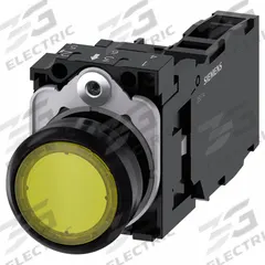 SIEMENS Illuminated Push Button: Illuminated, Flush Profile, Non-Metallic, 22 mm, 1NO/1NC (MPN 3SU1102-0AB30-1FA0). Key specifications — Brand: SIEMENS; Action: Momentary; Series: 3SU; Push Button Material Type: Non-Metallic.