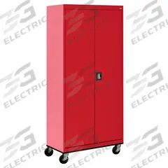 SANDUSKY Shelf Cabinet: Casters, 36 in x 24 in x 78 in, Recessed, Keyed, 4 Shelves, (4) Adj, Shelves. Key specifications — Door Handle Type: Recessed; Frame Assembled: Assembled; Cabinet Finish: Powder Coated; Cabinet Material: Steel; Base Type: Casters; Cabinet Color: Red; Shelf Adjustability: (4) Adjustable; Cabinet Storage Components: Shelves.