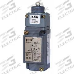 EATON Plunger Limit Switch: Plunger Actuator, Momentary/Momentary, Metallic, 8 ozf Op Force - Min (MPN E50BT2). Key specifications — Manufacturer Part Number: E50BT2; Brand: EATON; Electrical Connection: Screw Terminals; Action: Momentary/Momentary; Series: E50; Body Material Type: Metallic; Actuator Type: Plunger.
