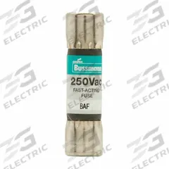 BUSSMANN Fuse: BAF Series, Midget, Fast-Acting, 5 A, 250 V AC, 13/32 in x 1 1/2 in, Non-Indicating (MPN BAF-5). Key specifications — attr1287209: BAF; attr211192: BUSSMANN.