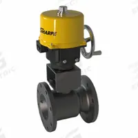 SHARPE Electrically Actuated Two-Way Ball Valve: 4 in, Carbon Steel, 120V, Flange x Flange (MPN 4350034660). Key specifications — Included Mounting: ISO 5211 Actuator Mounting Pad; Brand: SHARPE; Actuator Features: Position Indicator.