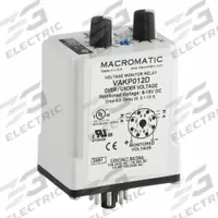 MACROMATIC Voltage Sensing Relay: Socket Mounted, 8 Pins/Terminals, 10 A, 12V DC, Pin (MPN VAKP012D). Key specifications — Drop-Out Range: 75% to 95%; Monitored Parameters: Undervoltage; Brand: MACROMATIC.