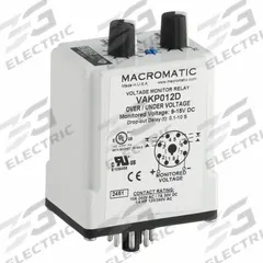 MACROMATIC Voltage Sensing Relay: Socket Mounted, 8 Pins/Terminals, 10 A, 12V DC, Pin (MPN VAKP012D). Key specifications — Drop-Out Range: 75% to 95%; Monitored Parameters: Undervoltage; Brand: MACROMATIC.