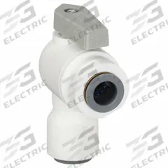 PARKER Manual Two-Way Ball Valve: 3/8 in, Polypropylene, Angle, Push x Push, Full Port Ball Port (MPN LFPP6VEU6). Key specifications — Brand: PARKER; Handle: Lever.