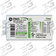 GE LAMPS CFL Ballast: 120 to 277V AC, 1/2 Lamps Supported, 18 W_26 W Bulb Watt, 5 in Overall Lg (MPN GEC-218-MVPS-3W). Key specifications — Lamp Types Supported: (1 or 2) F18TBX; Brand: GE LAMPS; Number of Lamps Supported: 2.