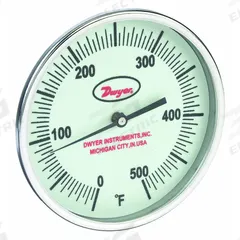 DWYER Glow-in-the-Dark Dial Thermometer: 0°F to 500°F, +/- 1% Accuracy, 5 in Dial Dia, Male (MPN GBTB590161). Key specifications — Accuracy: +/- 1%; Brand: DWYER.