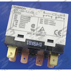OMRON Enclosed Power Relay: Bracket Mounted, 30 A Current Rating, 24V AC, DPST-NO, 6 Pins/Terminals (MPN G7L-2A-TJ-CB-AC24). Key specifications — Brand: OMRON; Base Type: Square; Mounting Style: E-Bracket; Electrical Connection: Quick-Connect; Manufacturer Part Number: G7L-2A-TJ-CB-AC24; Operating Current: 25 A; Series: G7L Series; Relay Bracket Type: E-Bracket (Sold Separately).