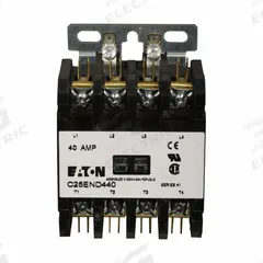 EATON Definite Purpose Magnetic Contactor: 4 Poles, 208-240V AC, 30 A, Non-Reversing (MPN C25END430B). Key specifications — Brand: EATON; Coil Voltage: 208-240V AC; Contactor Style: HVACR Definite Purpose Contactor; Frame Size: E; Terminal Connection Type: Quick-Disconnect Terminals; Maximum Voltage Rating: 690V AC; Series: C25 Series; Phase: Three.