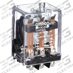 OMRON General Purpose Relay: Socket Mounted, 10 A Current Rating, 24V DC, 3PDT, 11 Pins/Terminals (MPN MJN3C-DC24). Key specifications — Brand: OMRON; Base Type: Square; Mounting Style: Plug-In; Pin Shape: Round; Electrical Connection: Plug-In; Manufacturer Part Number: MJN3C-DC24; Series: MJN Series.