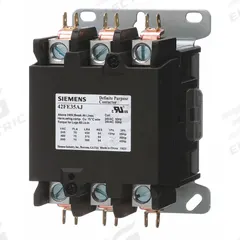 SIEMENS Definite Purpose Magnetic Contactor: 3 Poles, 120V AC, 75 A, Non-Reversing (MPN 42FE35AF). Key specifications — Brand: SIEMENS; Coil Voltage: 110/110-120V AC; Contactor Style: HVACR Definite Purpose Contactor; Mounting Style: Surface; Terminal Connection Type: Screw Terminals; Maximum Voltage Rating: 600V AC; Series: 42 Series; Phase: Three.