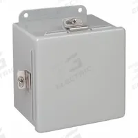 HOFFMAN Enclosure: Steel, 4 in x 4 in x 3 in, NEMA 12/13/4, Solid Cover, Hinged (MPN A404CHNF). Key specifications — Closure Method: Clamps; Brand: HOFFMAN; Knockouts: Not Included.