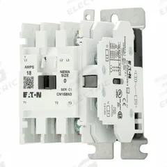 EATON NEMA Magnetic Contactor: Non-Reversing, 3 Poles, NEMA Size 0, 18 A, 24V AC (MPN CN15BN3TB). Key specifications — Brand: EATON.