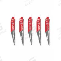 MILWAUKEE Reciprocating Saw Blade: 6 Teeth per Inch, 6 in Blade Lg, 0.05 in Blade Thick, 5 PK (MPN 48-00-5541). Key specifications — attr1109198: 6; attr1109200: Rigid for Straight Cuts; attr1109201: Tapered; attr1109209: MILWAUKEE.