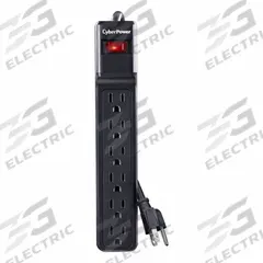 CYBER POWER Outlet Strip: 6 Outlets, 4 ft Cord Lg, 900 J Rated Energy, 15 A Current, UL 1449, Black (MPN CSB604). Key specifications — Brand: CYBER POWER; Mounting Style: Keyhole.