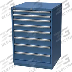 LISTA Modular Drawer Cabinet: 28 1/4 in x 28 1/2 in x 41 3/4 in, 8 Drawers, 148 Compartments, Steel (MPN SC09-0807A-FTKABB). Key specifications — Drawer Inside Height: (2) 5 in; Drawer Access: Single; Base Type: Frame; Number of Compartments per Drawer: (2) 20; Brand: LISTA; Cabinet Color: Bright Blue.