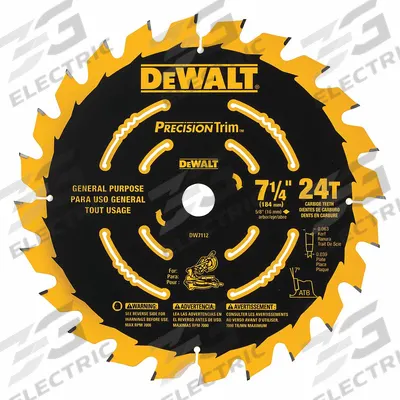 DEWALT Circular Saw Blade: 7 1/4 in Blade Dia., 24 Teeth, 0.06 in Cut Wd, 5/8 in Arbor Size - Wood-Cutting Blades