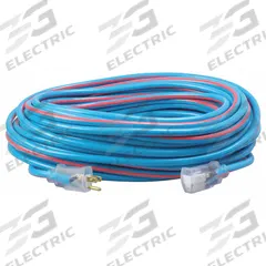 SOUTHWIRE Extension Cord: Outdoor Use, 100 ft Lg, Outlet, 5-15P, 12/3, SJTW, Blue/Red, 15 A Current (MPN 2549SW0064). Key specifications — Brand: SOUTHWIRE; Temperature Rating: -40° to 140°F; NEMA Plug Configuration: 5-15P.