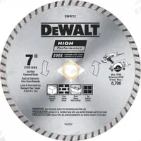 DEWALT Diamond Saw Blade: Masonry, 7 in Blade Dia., 7/8 in Arbor Size, Dry, For Angle Grinder, Good (MPN DW4712). Key specifications — attr1097734: Dry; attr1097738: Angle Grinder; attr1097751: DEWALT.