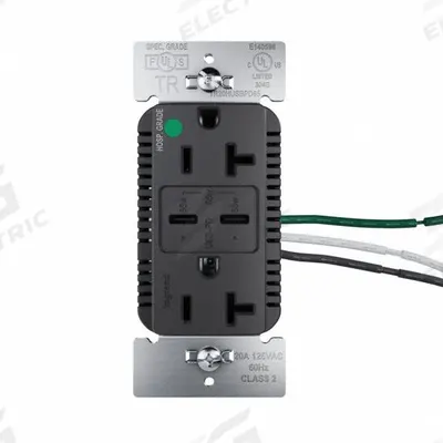 LEGRAND Receptacle: Duplex, 5-20R, 2 USB Ports, USB Type C, Black, 125V AC - Hospital-Grade Receptacles with USB Chargers