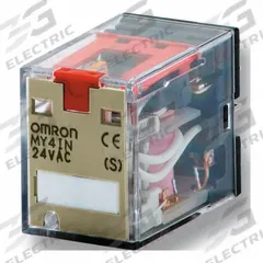 OMRON General Purpose Relays: Socket Mounted, 24V DC, 4PDT, 14 Pins/Terminals, G Socket (MPN MY4IN1-D2 DC24 (S)). Key specifications — Brand: OMRON; Base Type: Square; Contact Rating (AC): 0.80 A @ 250V; Mounting Style: Plug-In; Electrical Connection: Plug-In; Manufacturer Part Number: MY4IN1-D2 DC24 (S); Series: MY Series.