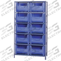 QUANTUM STORAGE SYSTEMS Bin Shelving: 42 in x 18 in x 75 in, 1 Sided, 10 Bins, Open, Blue, 6 Shelves (MPN QSBU-700BL). Key specifications — Includes Bins: Yes; Bin Material: Polypropylene; Frame Color: Gray; Bin HxWxD: (10) 12-7/16 in x 17-1/2 in x 13-5/8 in; Frame Material: Steel; Bin Color: Blue; Bin Style: Hang and Stack; Brand: QUANTUM STORAGE SYSTEMS.