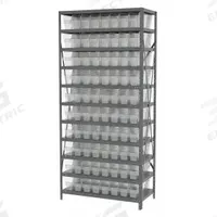 AKRO-MILS Bin Shelving: 36 in x 18 in x 79 in, 1 Sided, 80 Bins, Open, Shelf Bin, Clear, 11 Shelves (MPN AS1879048SC). Key specifications — Includes Bins: Yes; Bin Material: Polymer; Frame Color: Gray; Bin HxWxD: (80) 6 in x 4-1/8 in x 17-7/8 in; Frame Material: Steel; Bin Color: Clear; Bin Style: Shelf; Brand: AKRO-MILS.