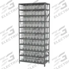 AKRO-MILS Bin Shelving: 36 in x 18 in x 79 in, 1 Sided, 80 Bins, Open, Shelf Bin, Clear, 11 Shelves (MPN AS1879048SC). Key specifications — Includes Bins: Yes; Bin Material: Polymer; Frame Color: Gray; Bin HxWxD: (80) 6 in x 4-1/8 in x 17-7/8 in; Frame Material: Steel; Bin Color: Clear; Bin Style: Shelf; Brand: AKRO-MILS.