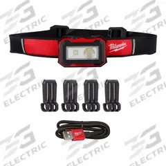 MILWAUKEE Rechargeable Headlamp: Rechargeable, 450 lm Max. Brightness, 14 hr Max Run Time, Black/Red (MPN 2012R). Key specifications — attr1391544: USB Cord; attr1391546: MILWAUKEE; attr1440309: Includes 1 C.