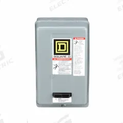 SQUARE D Magnetic Motor Starter: Non-Reversing, 3 Poles, NEMA Size 00, 9 A, 24V AC Coil (MPN 8536SAG12V01S). Key specifications — Brand: SQUARE D; Coil Voltage: 24V AC; Phase: Three; Operator: None; Terminal Connection Type: Screw Clamp Terminals; Includes Pilot Light: No; Operator Controls: None; Auxiliary Contacts Included: No Auxiliary Contacts Included.