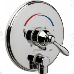 CHICAGO FAUCETS Tub and Shower Valve Trim: Circle Trim Plate, Brass, Polished Chrome Finish (MPN SH-TK4-00-000). Key specifications — Compatible Product Type: Thermostatic/Pressure Balancing Tub and Shower Fitting; Brand: CHICAGO FAUCETS; Trim Plate Material: Brass; Product Type: Trim Kit; Trim Plate Shape: Circle; Trim Finish/Color: Chrome.
