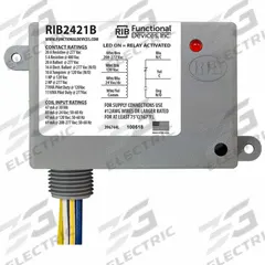 RIB Enclosed Pre-Wired Relay: 20 A Rating, 24V AC/DC/230V AC/208-277V AC, SPDT, 0.50 in NPT (MPN RIB2421B). Key specifications — Nipple Size: 0.50 in NPT; Coil Voltage: 24V AC/DC/230V AC/208-277V AC; Brand: RIB.