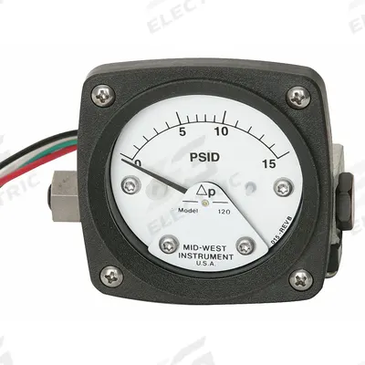 MIDWEST INSTRUMENT Differential Pressure Gauge & Switch: Back, 1/4 in NPT Female, 120 - Medium & High Operating Pressure Differential Gauges with Switch