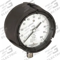 ASHCROFT Process Pressure Gauge: 0 psi to 100 psi, White, 4 1/2 in Dial, 1/2 in NPT Male, Bottom (MPN 451259SD04L100#). Key specifications — Brand: ASHCROFT; Pointer Color: Black; Accuracy: ±0.5%; Dial Color: White; Gauge Wetted Parts: Stainless Steel; Case Material: PBT; Vibration Resistance Properties: None; Pressure Range: 0 psi to 100 psi.
