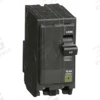 SQUARE D Miniature Circuit Breaker: 40 A, 120/240V AC, Single Phase, 10kA at 120/240V AC, 2 Poles (MPN QO240). Key specifications — Phase: Single; Amps: 40 A; AC Voltage Rating: 120/240V AC; Max. AIR Rating: 10kA at 120/240V AC; For Use With: QO Load Centers and NQ Panelboards; Brand: SQUARE D.