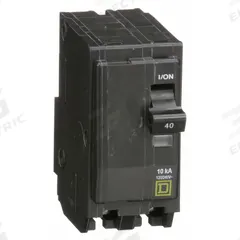 SQUARE D Miniature Circuit Breaker: 40 A, 120/240V AC, Single Phase, 10kA at 120/240V AC, 2 Poles (MPN QO240). Key specifications — Phase: Single; Amps: 40 A; AC Voltage Rating: 120/240V AC; Max. AIR Rating: 10kA at 120/240V AC; For Use With: QO Load Centers and NQ Panelboards; Brand: SQUARE D.