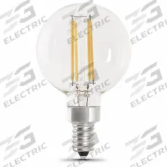 FEIT ELECTRIC Compact LED Bulb: Candelabra Screw (E12), LED, (G) Globe, G16-1/2, 5.5 W Watt, 5000K (MPN BPG1660950CAFIL/2/RP). Key specifications — Bulb Shape: G16-1/2; Voltage: 120V AC; Bulb Finish: Clear; Color Temperature: 5000K; Brand: FEIT ELECTRIC.
