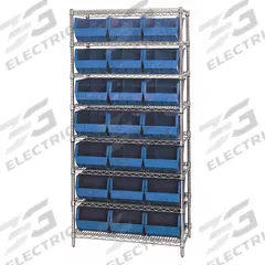 QUANTUM STORAGE SYSTEMS Bin Shelving: 36 in x 18 in x 74 in, 1 Sided, 21 Bins, Open, Blue, 8 Shelves (MPN WR8-255BL). Key specifications — Includes Bins: Yes; Bin Material: Polypropylene; Frame Color: Silver; Bin HxWxD: (21) 8 in x 11 in x 16 in; Frame Material: Steel; Bin Color: Blue; Bin Style: Hang and Stack; Brand: QUANTUM STORAGE SYSTEMS.