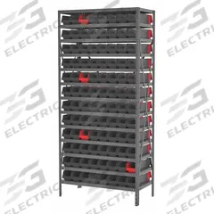 AKRO-MILS Bin Shelving: 36 in x 18 in x 79 in, 1 Sided, 96 Bins, Open, Indicator Bin, Black/Red (MPN AS187936448BK). Key specifications — Includes Bins: Yes; Bin Material: Polymer; Frame Color: Gray; Bin HxWxD: (96) 4 in x 4-1/8 in x 17-7/8 in; Frame Material: Steel; Bin Color: Black; Red; Brand: AKRO-MILS.