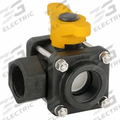 BANJO Manual Three-Way Ball Valve: 1 1/2 in, Polypropylene, L Flow, FNPT x FNPT x FNPT, Three-Piece (MPN V150SL). Key specifications — Brand: BANJO; Handle: Lever.