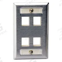 HUBBELL PREMISE WIRING Wall Plate: Gray, 1 Gang, 4 Port, Flat Module, Stainless Steel, Vertical (MPN SSFL14). Key specifications — Brand: HUBBELL PREMISE WIRING; Material: Stainless Steel; Color: Gray; Compatible Connector Type: Keystone Jack Modules; Outlet Orientation: Vertical; Module Style: Flat.