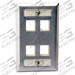 HUBBELL PREMISE WIRING Wall Plate: Gray, 1 Gang, 4 Port, Flat Module, Stainless Steel, Vertical (MPN SSFL14). Key specifications — Brand: HUBBELL PREMISE WIRING; Material: Stainless Steel; Color: Gray; Compatible Connector Type: Keystone Jack Modules; Outlet Orientation: Vertical; Module Style: Flat.