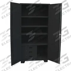 JAMCO Pegboard Cabinet: 36 in x 24 in x 78 in, Swing Handle & Padlock Hasp, 14 ga Panel Thick, Legs (MPN GV236BL). Key specifications — attr62698: Black; attr62736: Welded; attr87895: Legs; attr62693: Assembled; attr62737: Stationary; attr62694: Adjustable; attr62695: Powder Coated; attr62696: Steel.