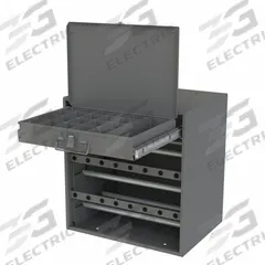 DURHAM MFG Wire Terminal Cabinet: 6 Spindles, 15 9/16 in x 11 7/8 in x 16 3/8 in, Steel, 24 Spindles (MPN 297B-95). Key specifications — Adjustment Type: Rods, Rubberized Grommets, Storage compartments; Brand: DURHAM MFG; Color: Gray; Material: Steel; Finish: Powder Coated; For Maximum Spool Diameter: 3-1/2 in.