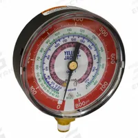YELLOW JACKET High Side Gauge: High Side Gauge, 0 psi to 800 psi, Non-Liquid Filled, 3 1/8 in Dia (MPN 49123). Key specifications — Brand: YELLOW JACKET; Accuracy: ± 1%; Color: Red; Calibration Certificate Type: Not Certified; For Refrigerant Type: R-410A.