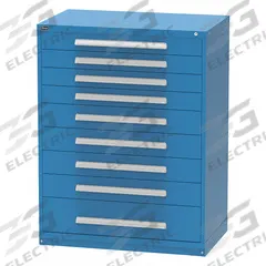 VIDMAR Modular Drawer Cabinet: 45 in x 21 3/8 in x 59 in, 9 Drawers, 183 Compartments, Dark Blue (MPN RP3520A-FTKADB). Key specifications — Drawer Inside Height: (1) 8-1/2 in; Drawer Access: Multiple; Base Type: Frame; Number of Compartments per Drawer: (4) 24; Brand: VIDMAR; Cabinet Color: Dark Blue.