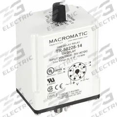 MACROMATIC Single Function Time Delay Relay: Socket Mounted, 24V AC/DC, 10 A, 8 Pins/Terminals (MPN TR-50228-14). Key specifications — Brand: MACROMATIC.