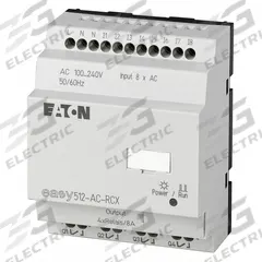 EATON Control Relay: (8) Digital, (4) Relay, 100 to 240V AC : 110/120V DC (MPN EASY-E4-AC-12RCX1). Key specifications — attr211240: EATON; attr1072668: Clock Included; attr1075941: (8) Digital; attr1075943: (4) Relay.