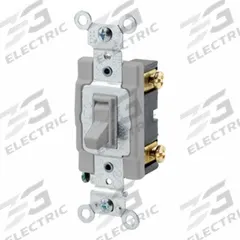 LEVITON Toggle Framed Single-Pole, 20 Amp: Toggle Switch, Single Pole, Maintained, Gray, 120/277V AC (MPN 54521-2GY). Key specifications — Illuminated: No; Voltage Rating: 120/277V AC.